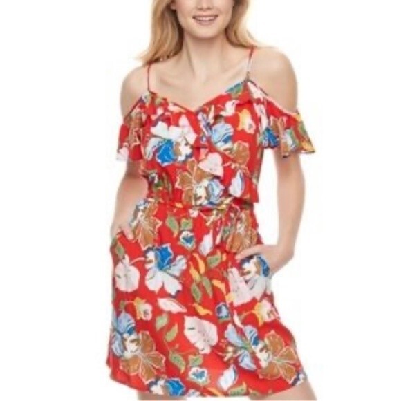 Red tropical floral print off shoulder sundress with pockets size small - Picture 1 of 7